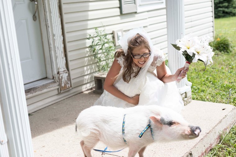 Bride pet pig beautiful backyard wedding Romney Indiana
